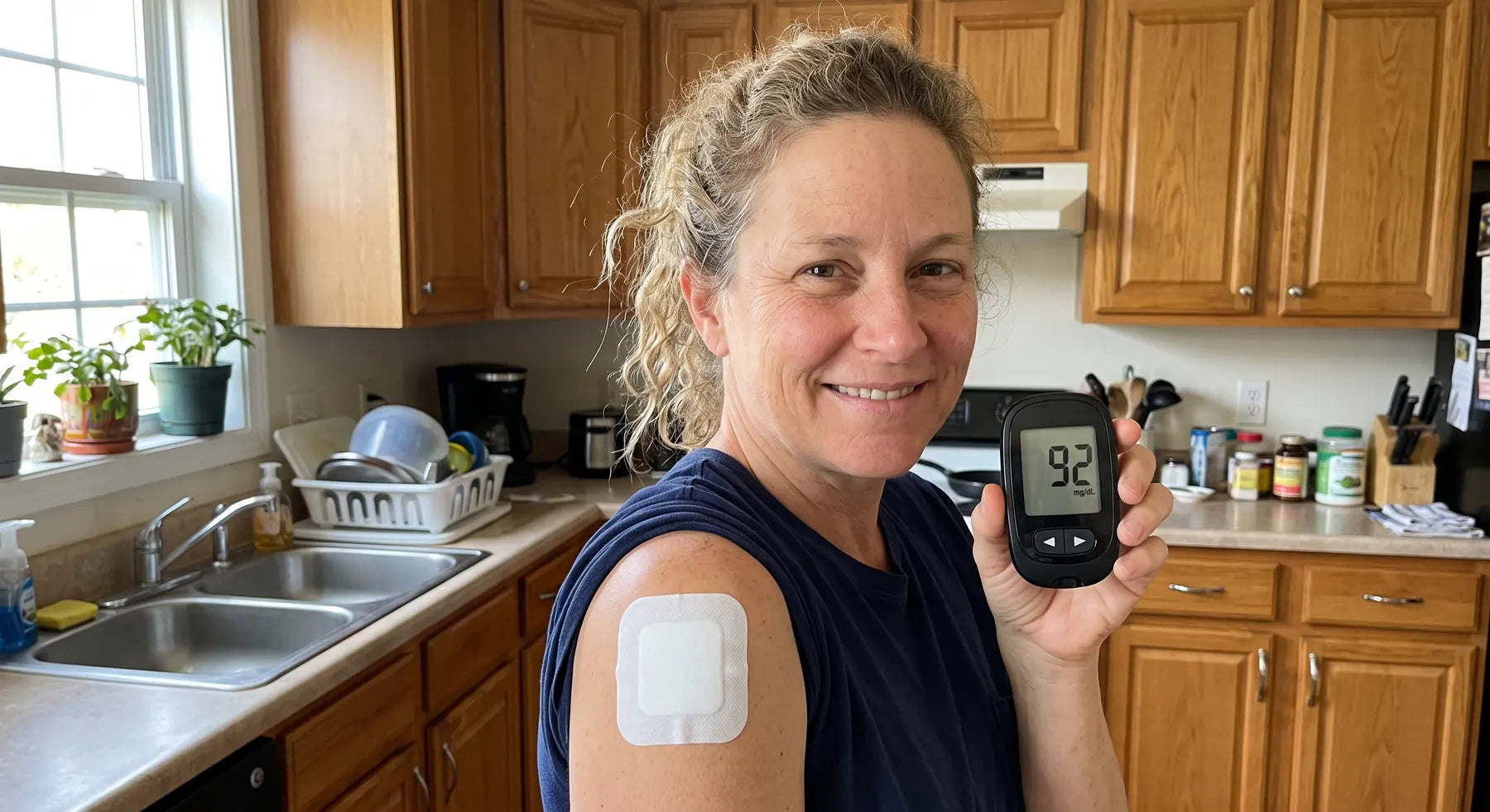Woman in a kitchen wearing a patch and holding a glucose meter